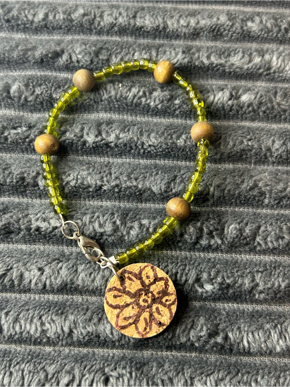 Olive Green Beaded Boho Bracelet with Wood Accents & Floral Cork Charm